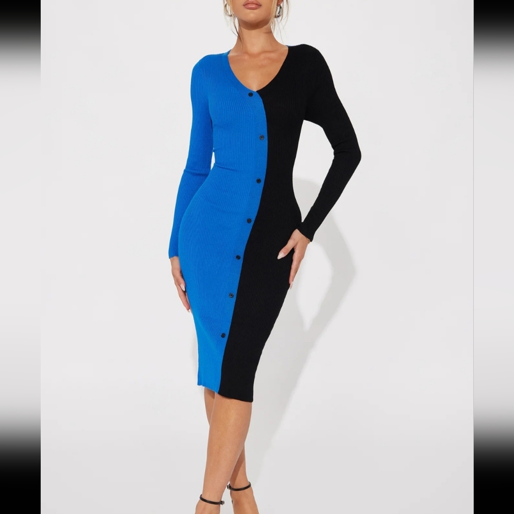 Black & Blue Colorblock Bodycon ribbed midi dress